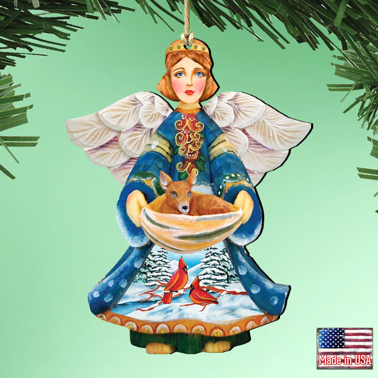 Set Of 2 Angel With Cardinals And Deer Wooden Christmas Ornaments 5.5" 4 Set Of 2 Angel With Cardinals And Deer Wooden Christmas Ornaments 5.5" - Image 2