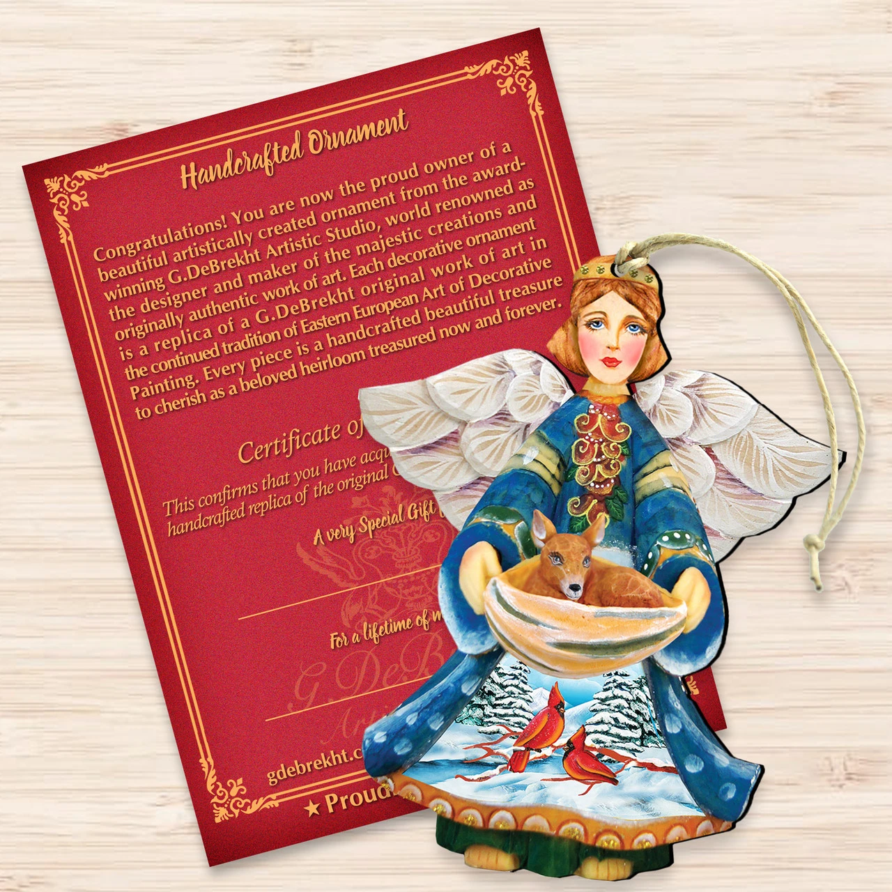 Set Of 2 Angel With Cardinals And Deer Wooden Christmas Ornaments 5.5" 5 Set Of 2 Angel With Cardinals And Deer Wooden Christmas Ornaments 5.5" - Image 3