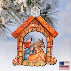 Set Of 2 Nativity House Scene Wooden Christmas Ornaments 5.5" -Optimal Christmas Shop 8152630 4 02085.1667549640