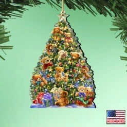 Set Of 2 Teddy Bear Tree With Gifts Wooden Christmas Ornaments 5.5" -Optimal Christmas Shop 8161019 2 1101 2 02224.1667549722