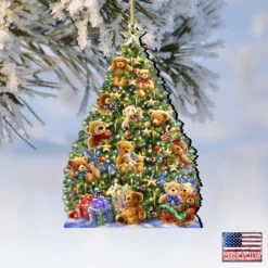 Set Of 2 Teddy Bear Tree With Gifts Wooden Christmas Ornaments 5.5" -Optimal Christmas Shop 8161019 2 1101 4 07749.1667549724