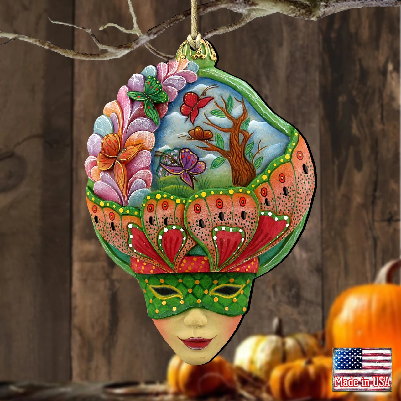 Set Of 2 Vivid Butterfly Wooden Mardi Gras Christmas Ornaments 5.5" 6 Set Of 2 Vivid Butterfly Wooden Mardi Gras Christmas Ornaments 5.5" - Image 4