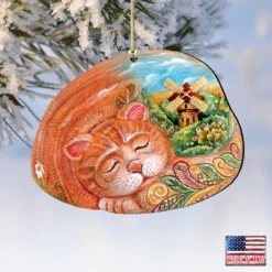 Set Of 2 Sleeping Kitten Wooden Christmas Ornaments 5.5" -Optimal Christmas Shop 8185251 4 31580.1667549748