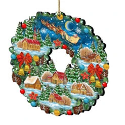 Set Of 2 Santa Ride Around The World Wreath Wooden Christmas Ornaments 5.5"
