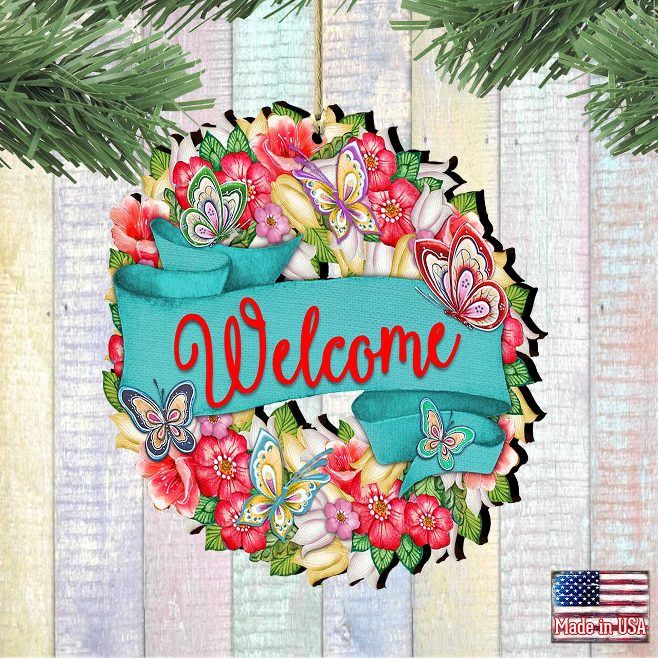 Set Of 2 Butterfly Floral Wreath "Welcome" Wooden ChristmasOrnaments 5.5" 3 Set Of 2 Butterfly Floral Wreath "Welcome" Wooden ChristmasOrnaments 5.5" - Image 2