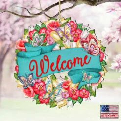 Set Of 2 Butterfly Floral Wreath "Welcome" Wooden ChristmasOrnaments 5.5" 8 Set Of 2 Butterfly Floral Wreath "Welcome" Wooden ChristmasOrnaments 5.5" -Optimal Christmas Shop 8185316 4 73661.1667549643