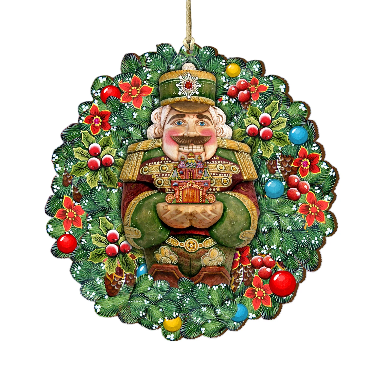 Set Of 2 Nutcracker's Gift Wreath Wooden Christmas Ornaments 5.5" 3 Set Of 2 Nutcracker's Gift Wreath Wooden Christmas Ornaments 5.5"