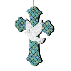 Set Of 2 Cross With White Dove Wooden Christmas Ornaments 5.5"