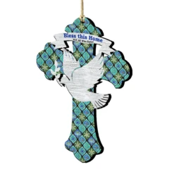 Set Of 2 Dove "Bless This Home" Cross Wooden Christmas Ornaments 5.5"