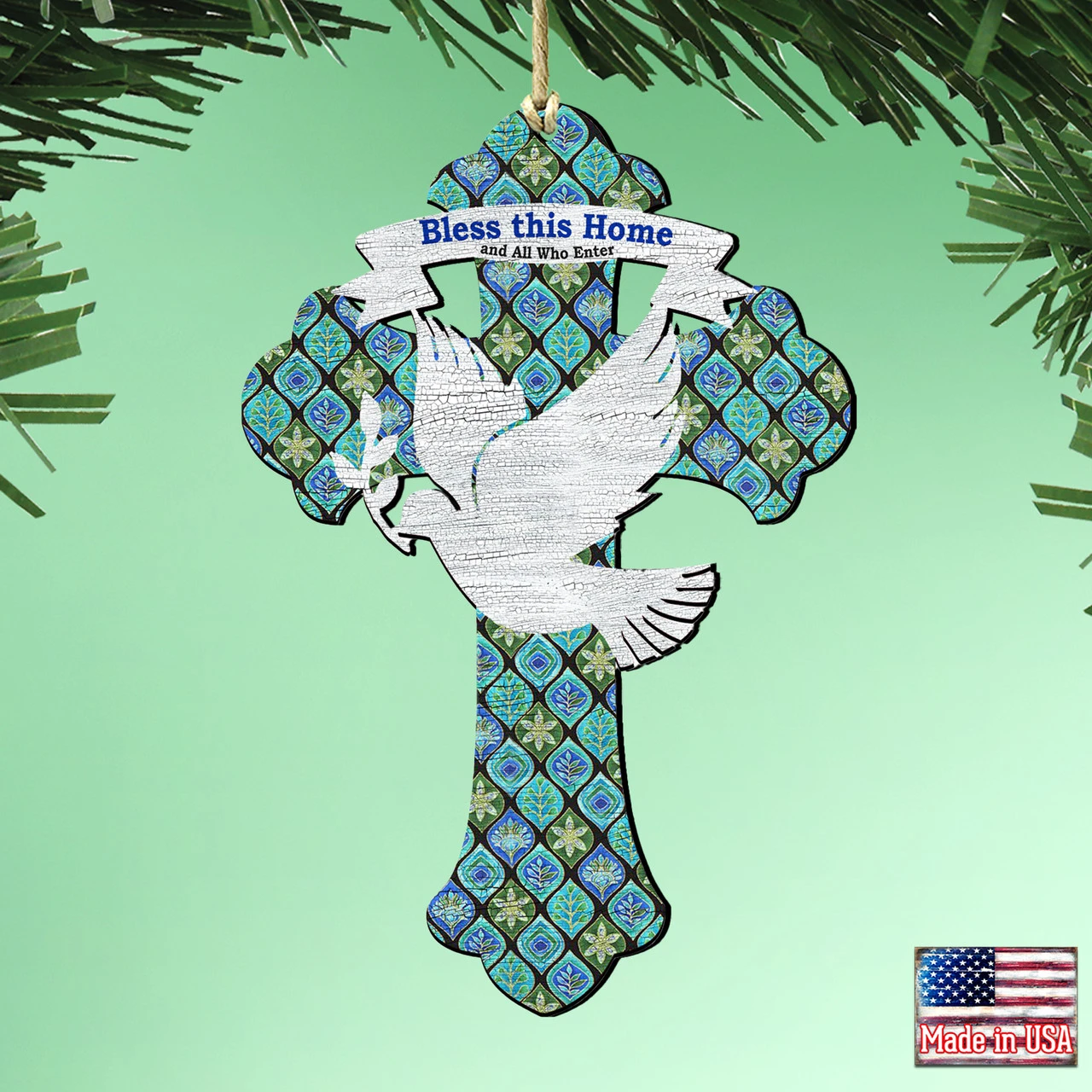 Set Of 2 Dove "Bless This Home" Cross Wooden Christmas Ornaments 5.5" 4 Set Of 2 Dove "Bless This Home" Cross Wooden Christmas Ornaments 5.5" - Image 2