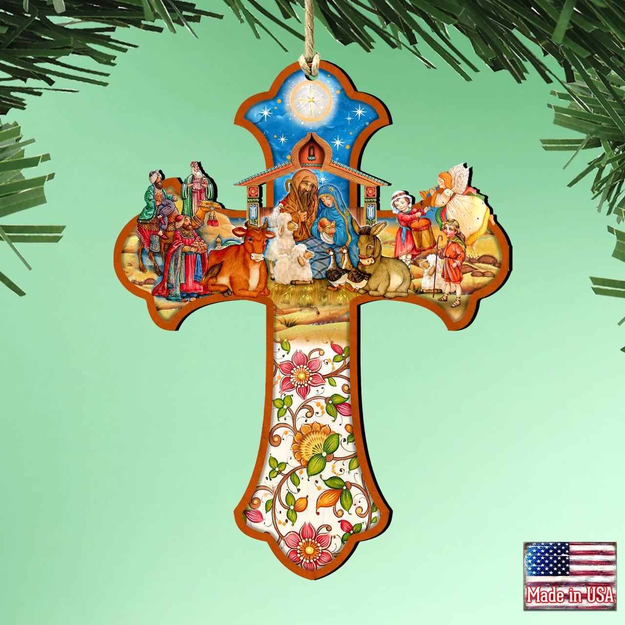 Set Of 2 Nativity Scene Cross Wooden Christmas Ornaments 5.5" 4 Set Of 2 Nativity Scene Cross Wooden Christmas Ornaments 5.5" - Image 2