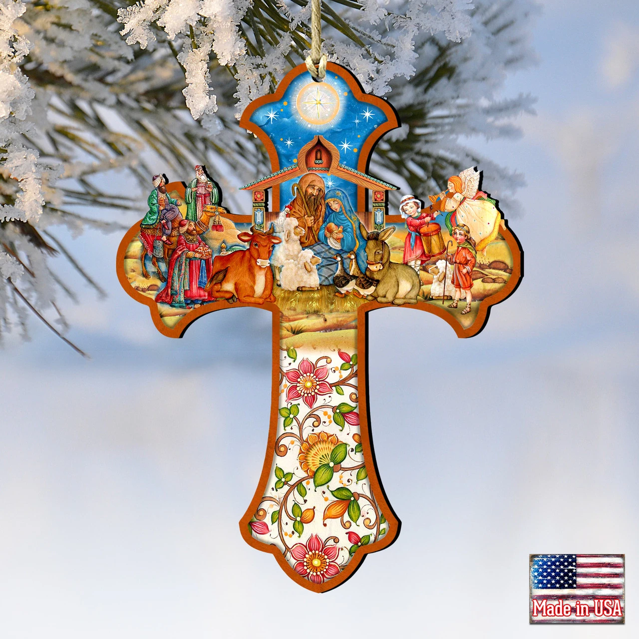 Set Of 2 Nativity Scene Cross Wooden Christmas Ornaments 5.5" 6 Set Of 2 Nativity Scene Cross Wooden Christmas Ornaments 5.5" - Image 4