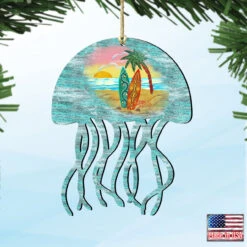Set Of 2 Coastal Scenic Rustic Jellyfish Wooden Christmas Ornaments 5.5" -Optimal Christmas Shop 8198513 4 32484.1667549671