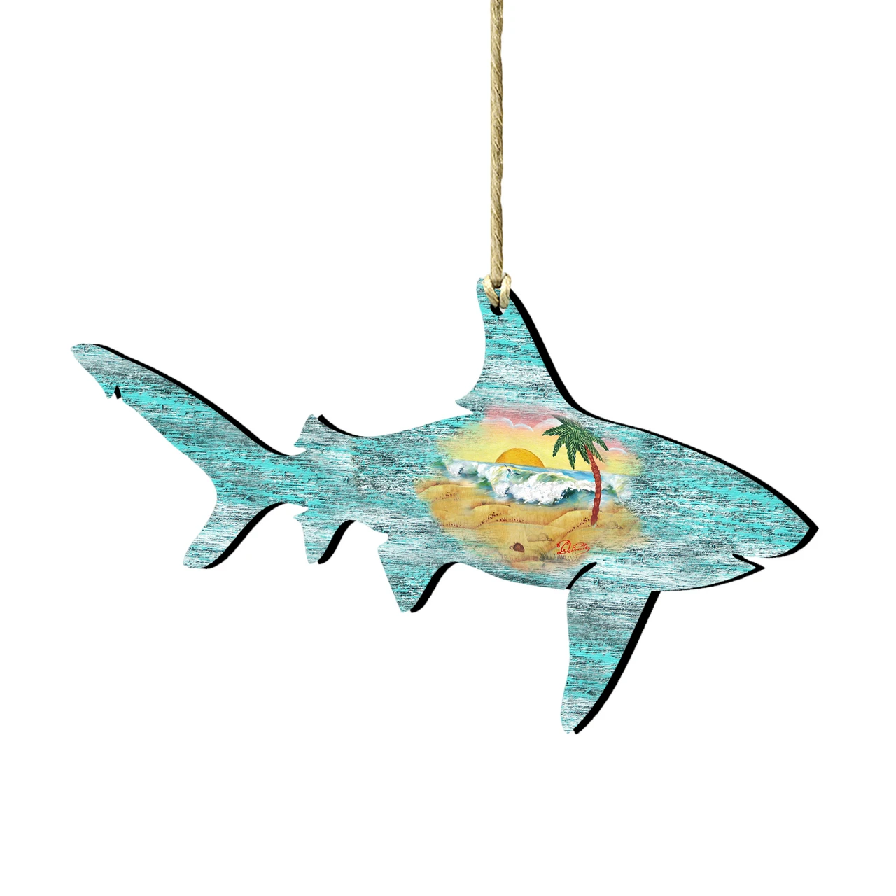 Set Of 2 Shark Beach Scene Wooden Christmas Ornaments 5.5" 3 Set Of 2 Shark Beach Scene Wooden Christmas Ornaments 5.5"