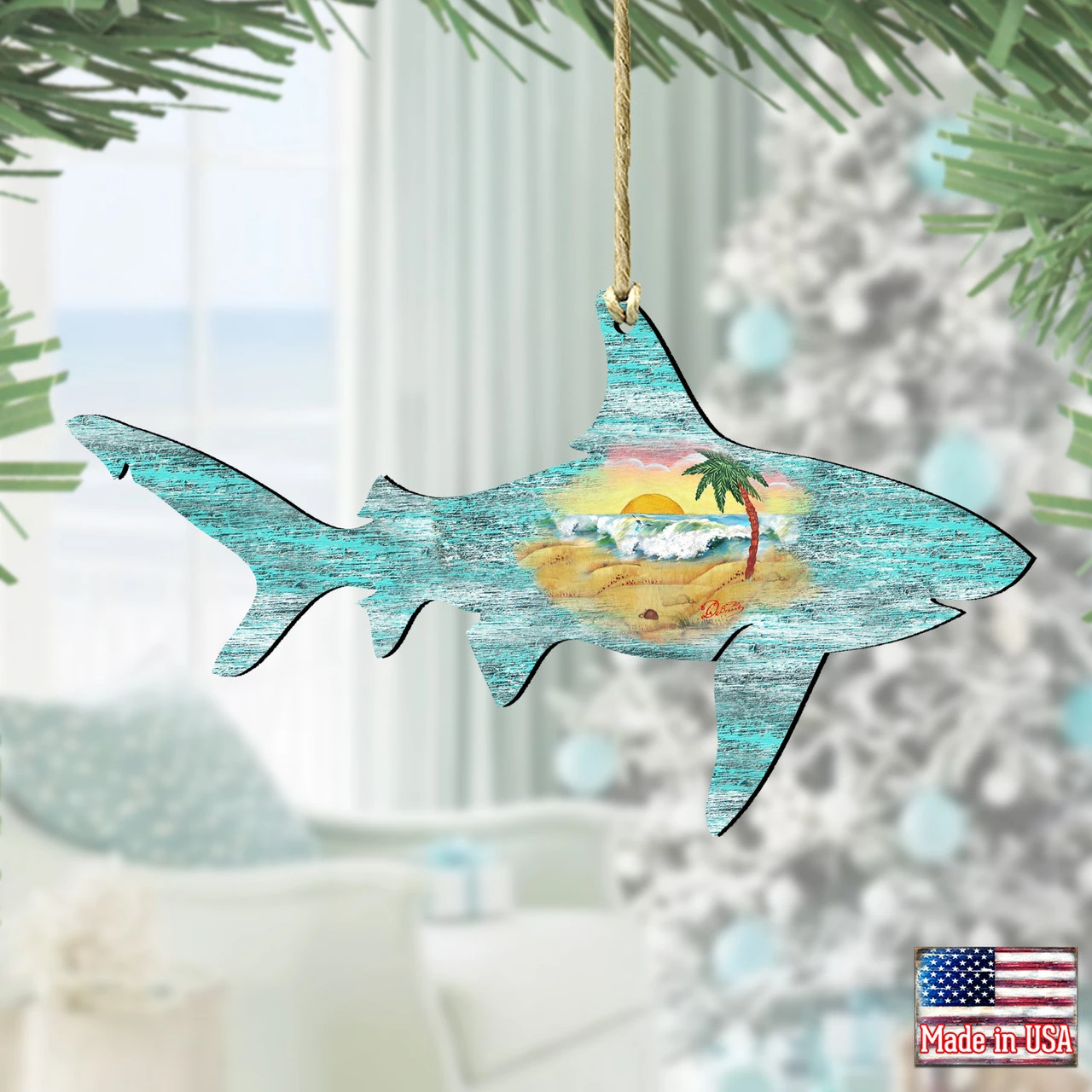 Set Of 2 Shark Beach Scene Wooden Christmas Ornaments 5.5" 4 Set Of 2 Shark Beach Scene Wooden Christmas Ornaments 5.5" - Image 2