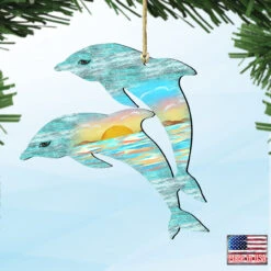 Set Of 2 Dolphins Beach Scene Wooden Christmas Ornaments 5.5" -Optimal Christmas Shop 8198519 4 27996.1667549684
