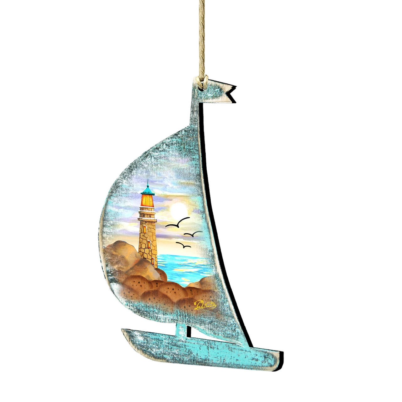 Set Of 2 Boat Lighthouse Beach Scene Wooden Christmas Ornaments 5.5" 3 Set Of 2 Boat Lighthouse Beach Scene Wooden Christmas Ornaments 5.5"