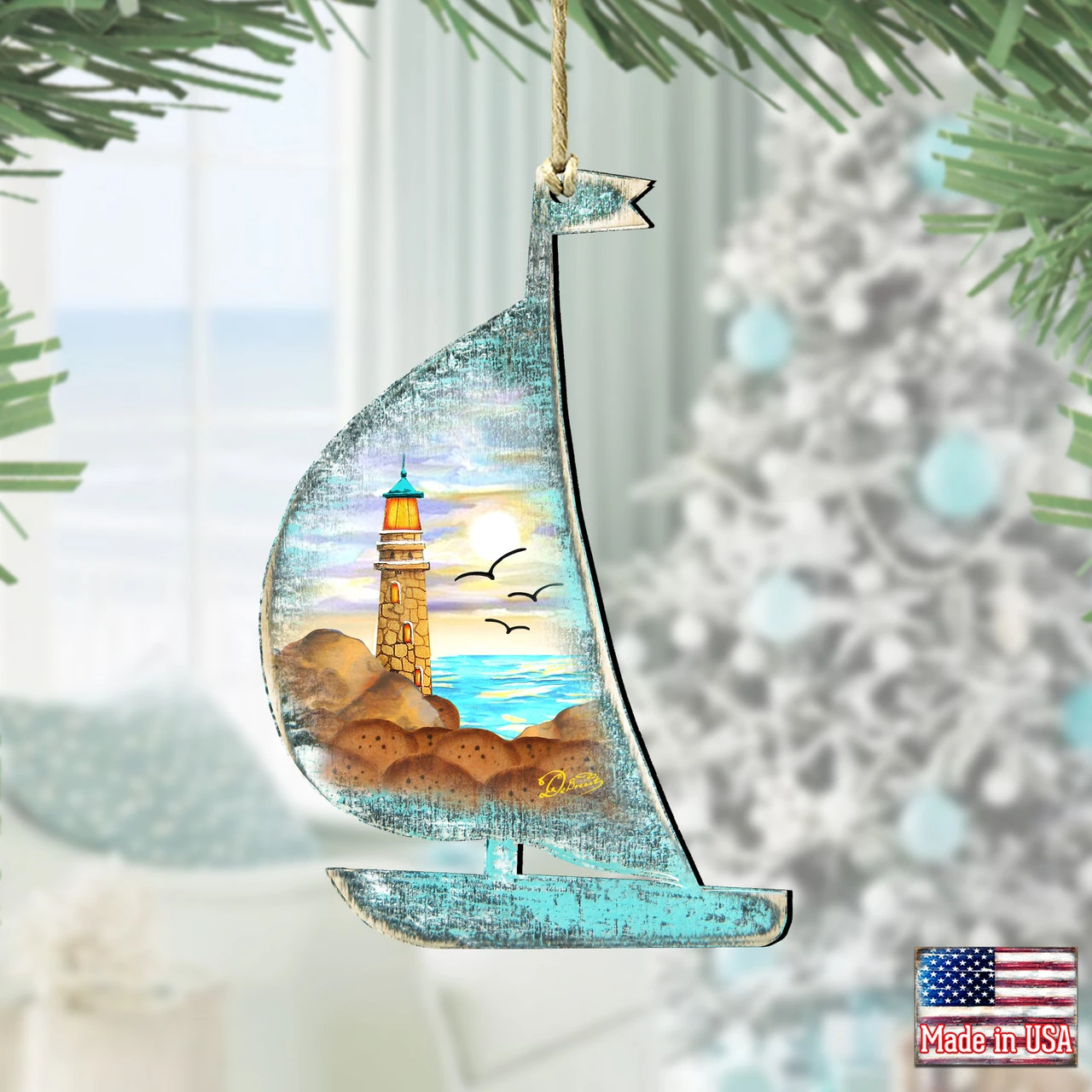 Set Of 2 Boat Lighthouse Beach Scene Wooden Christmas Ornaments 5.5" 4 Set Of 2 Boat Lighthouse Beach Scene Wooden Christmas Ornaments 5.5" - Image 2