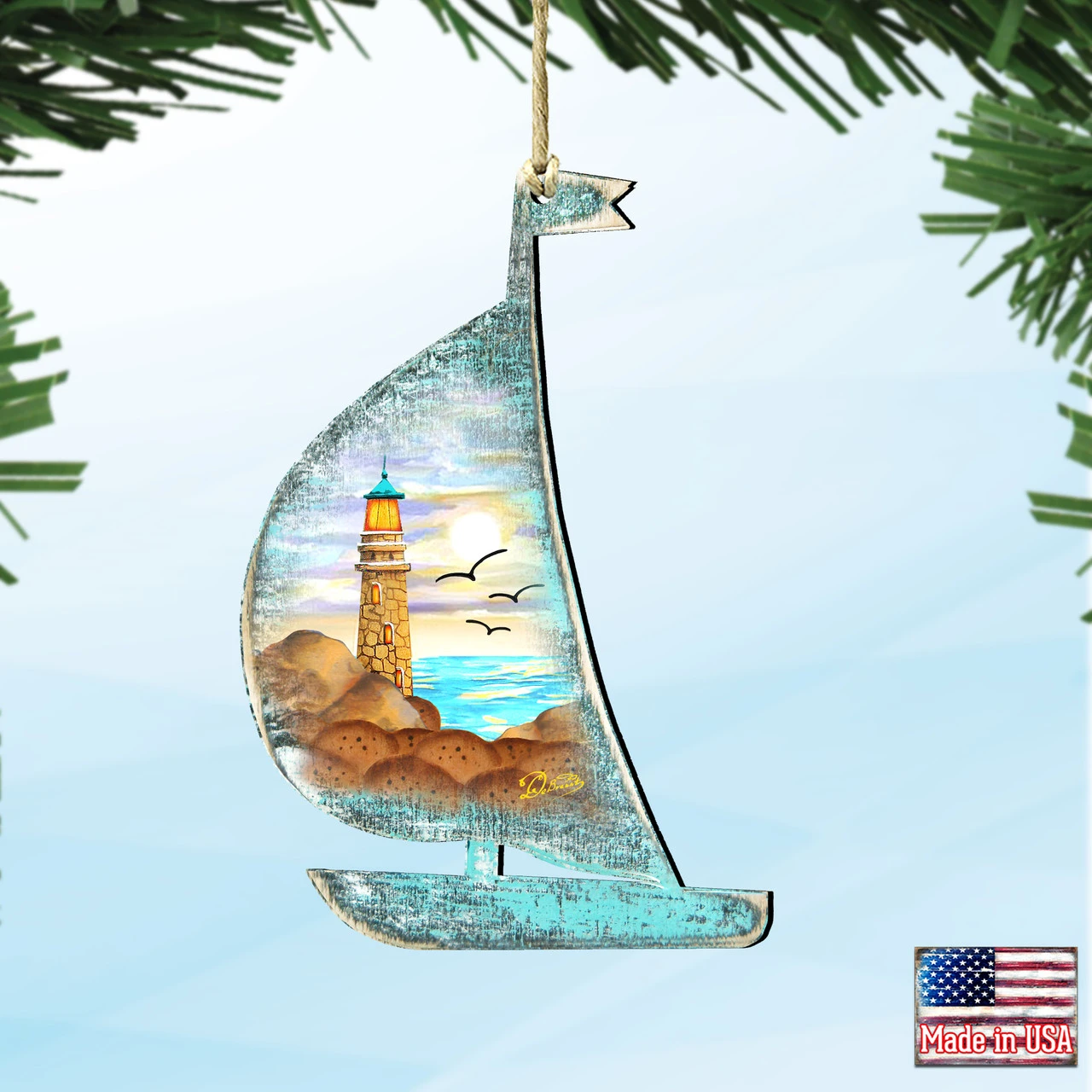 Set Of 2 Boat Lighthouse Beach Scene Wooden Christmas Ornaments 5.5" 6 Set Of 2 Boat Lighthouse Beach Scene Wooden Christmas Ornaments 5.5" - Image 4