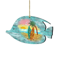 Set Of 2 Fish Beach Scene Wooden Christmas Ornaments 5.5"
