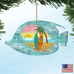 Set Of 2 Fish Beach Scene Wooden Christmas Ornaments 5.5" -Optimal Christmas Shop 8198527 4 54886.1667549722