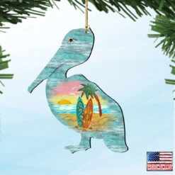 Set Of 2 Pelican Beach Scene Wooden Christmas Ornaments 5.5" -Optimal Christmas Shop 8198543 4 85060.1667549688