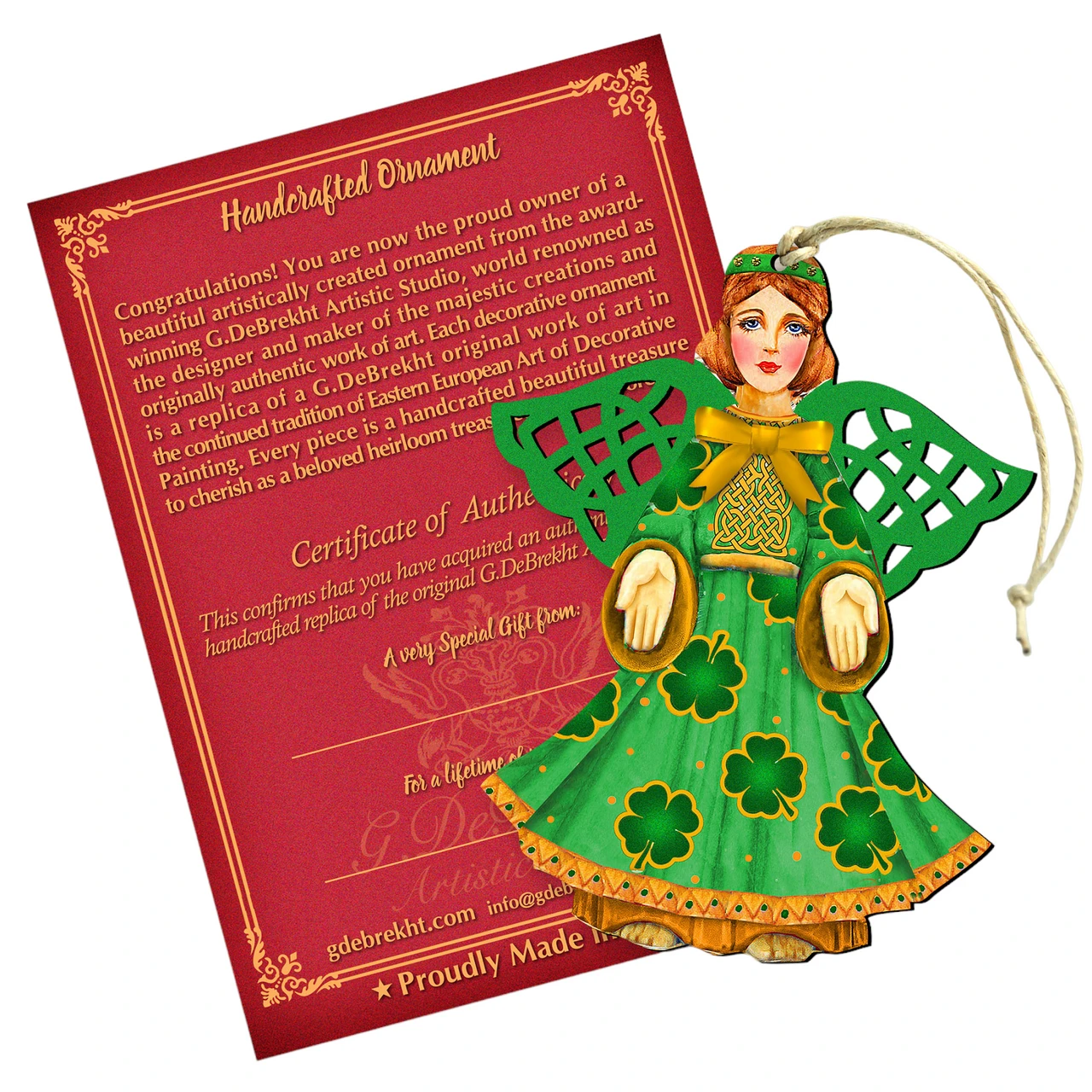 Set Of 2 Irish Angel Wooden Christmas Ornaments 5.5" 3 Set Of 2 Irish Angel Wooden Christmas Ornaments 5.5"