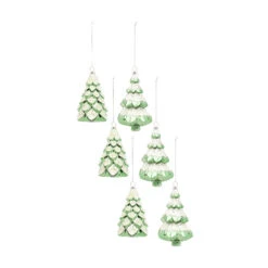 Set Of 6 Green And White Glass Christmas Tree Ornaments 5.75"