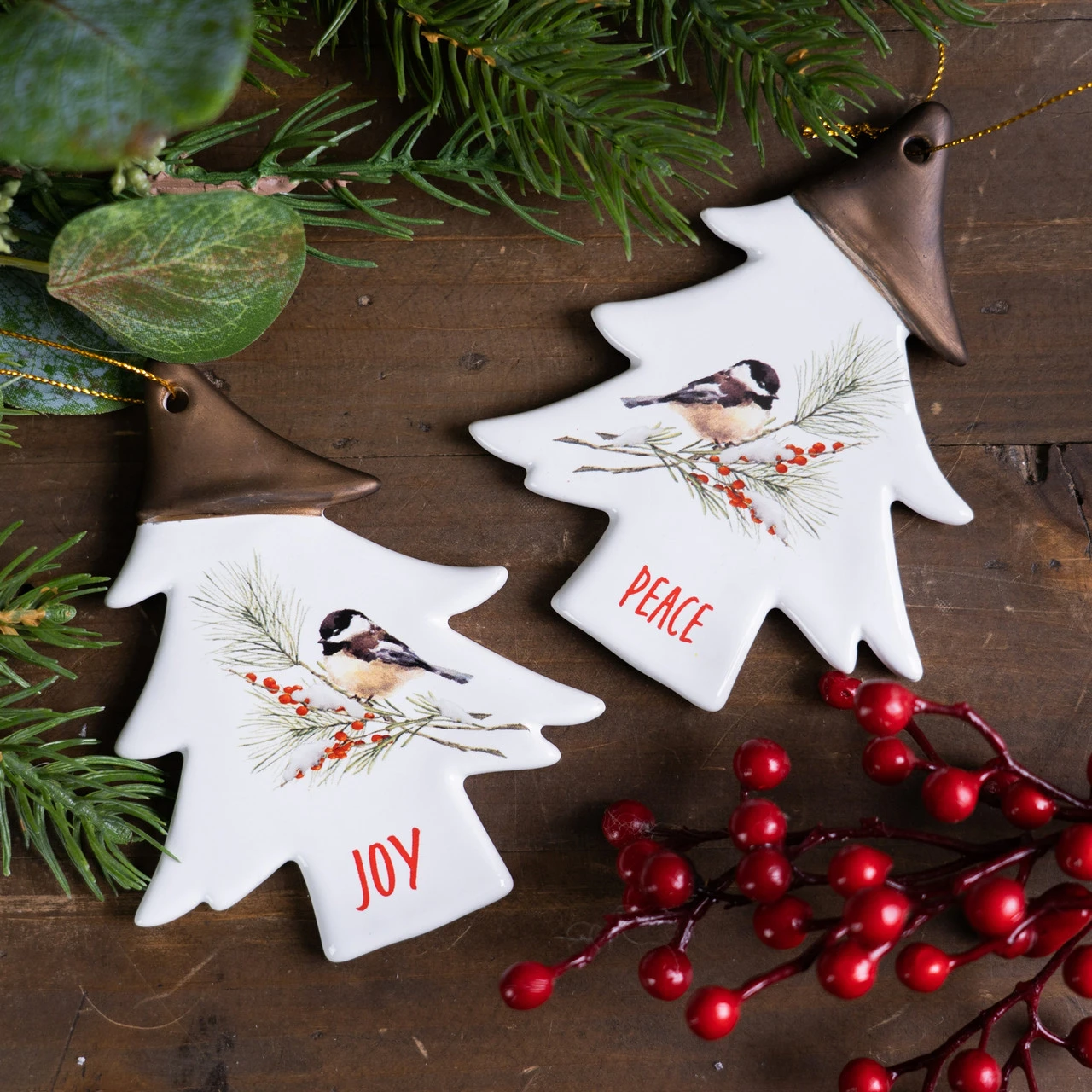Set Of 12 White And Brown Clay Chickadee Tree "Joy" And "Peace" Christmas Ornament 4.75" 4 Set Of 12 White And Brown Clay Chickadee Tree "Joy" And "Peace" Christmas Ornament 4.75" - Image 2