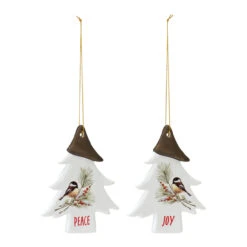 Set Of 12 White And Brown Clay Chickadee Tree "Joy" And "Peace" Christmas Ornament 4.75"