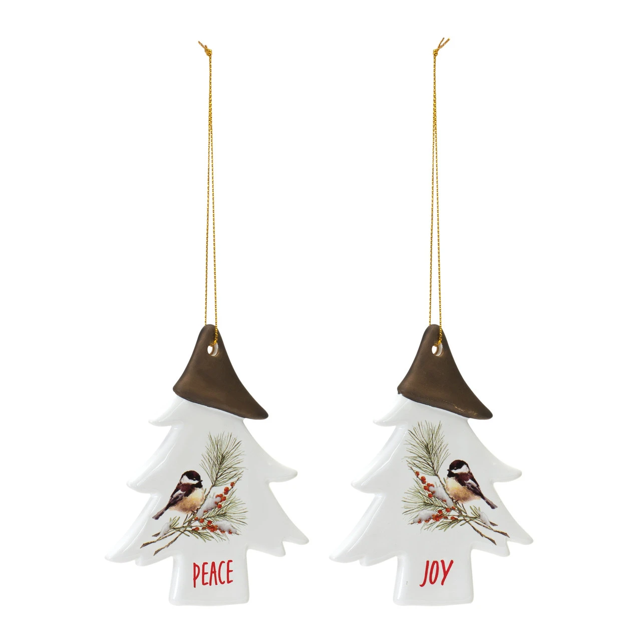 Set Of 12 White And Brown Clay Chickadee Tree "Joy" And "Peace" Christmas Ornament 4.75" 3 Set Of 12 White And Brown Clay Chickadee Tree "Joy" And "Peace" Christmas Ornament 4.75"
