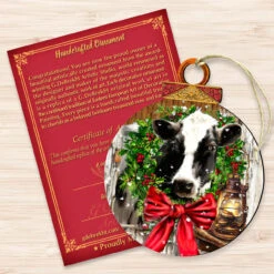 Set Of 2 Farm Cow Wreath Wooden Christmas Ornaments 5.5" -Optimal Christmas Shop 8421128 dg 3 53995.1667549696