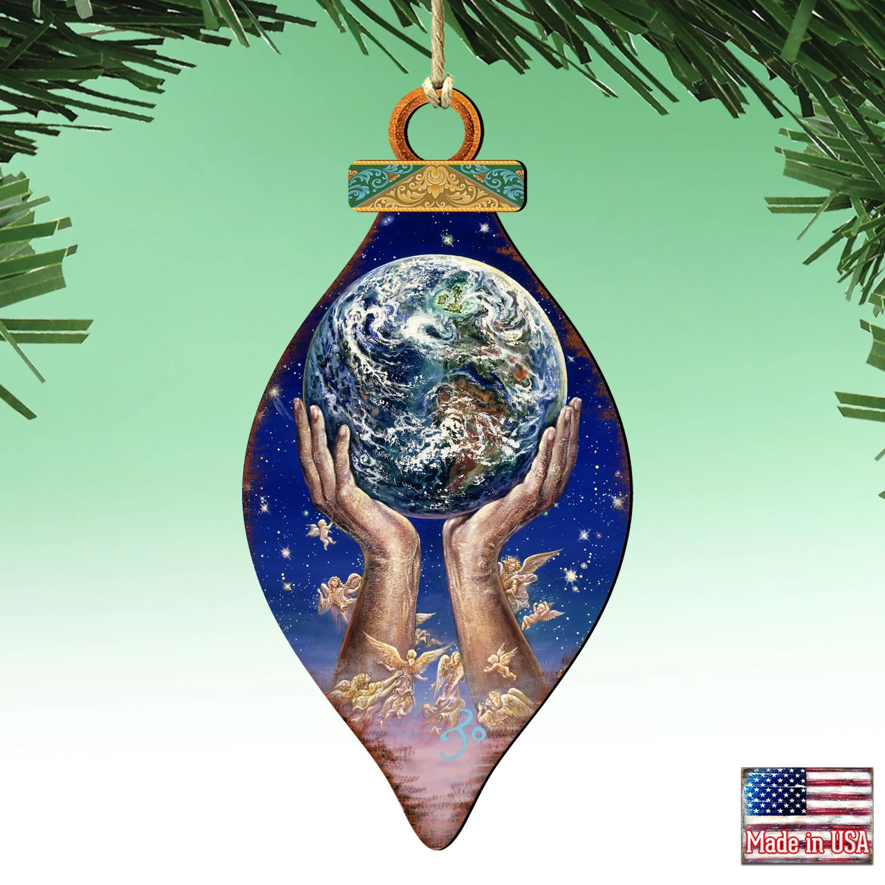 Set Of 2 Hands Holding Earth Wooden Christmas Ornaments 5.5" 4 Set Of 2 Hands Holding Earth Wooden Christmas Ornaments 5.5" - Image 2