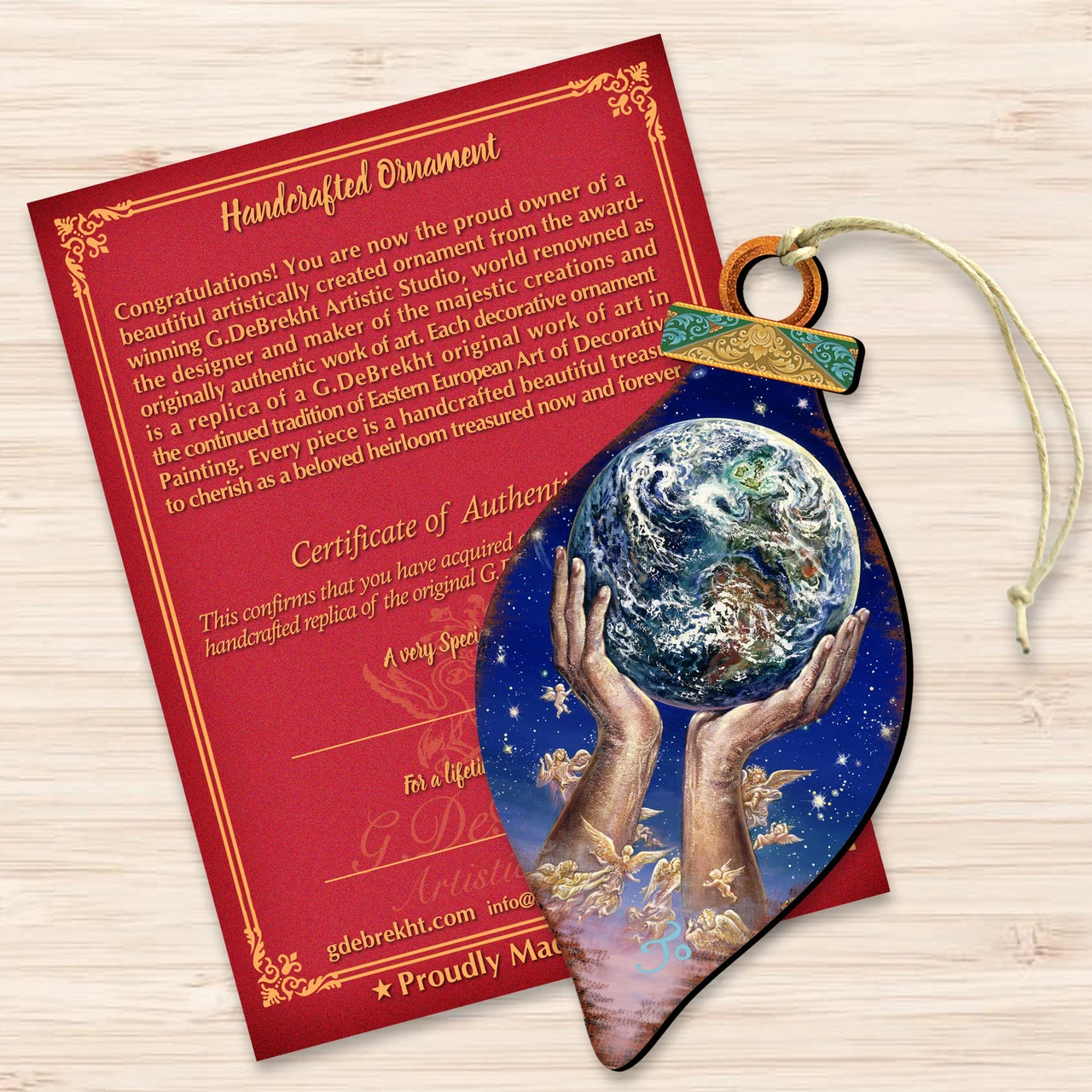 Set Of 2 Hands Holding Earth Wooden Christmas Ornaments 5.5" 5 Set Of 2 Hands Holding Earth Wooden Christmas Ornaments 5.5" - Image 3