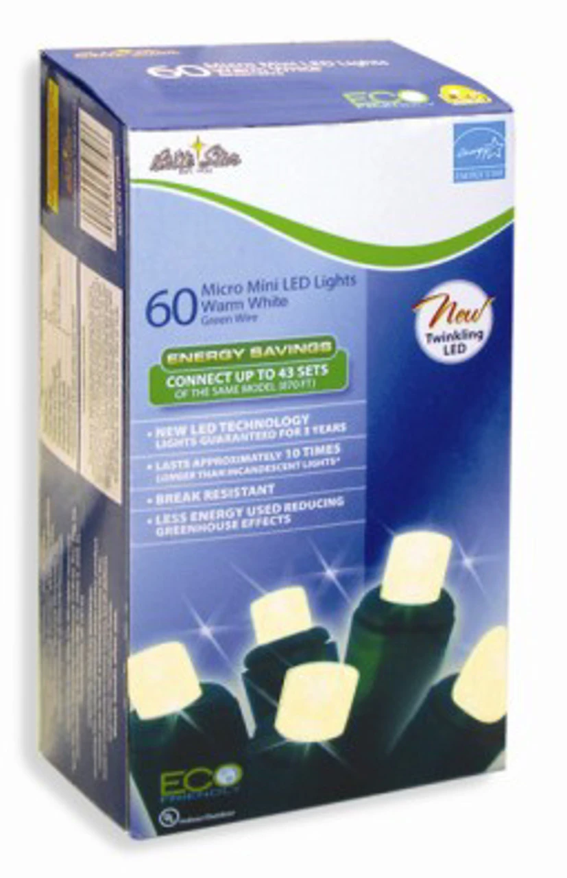 Set Of 60 Warm White Twinkling LED Wide Angle Christmas Lights - Green Wire 3 Set Of 60 Warm White Twinkling LED Wide Angle Christmas Lights - Green Wire