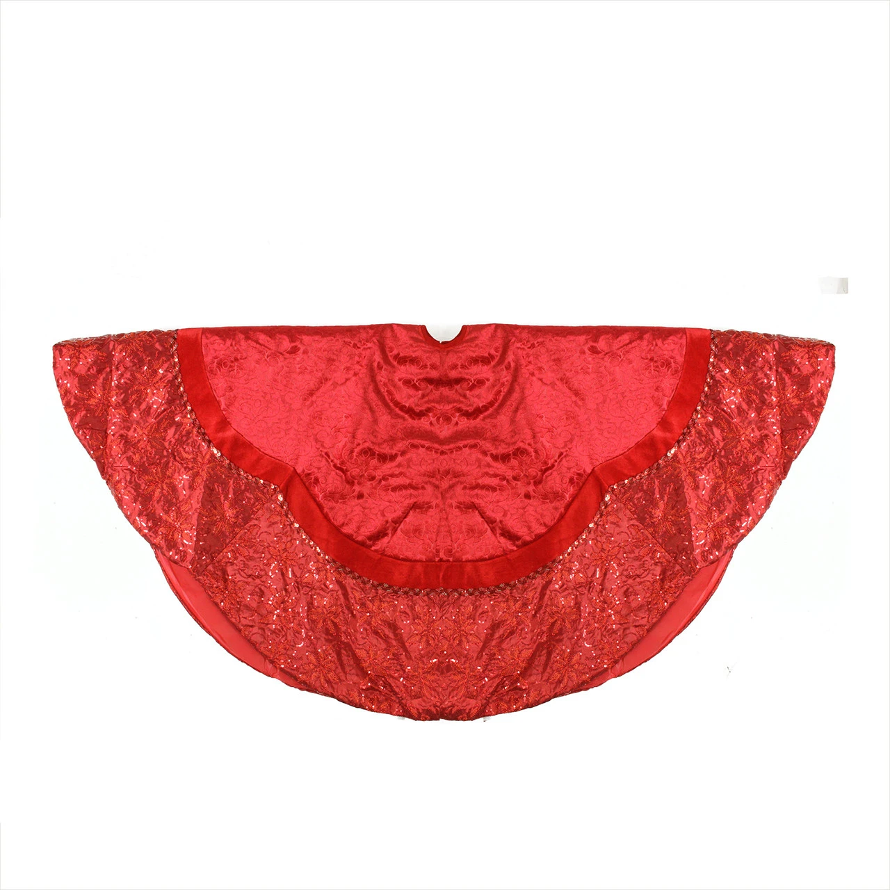 60" Red Velvet Damask Sequin Embroidered Poinsettia Trimmed Scalloped Edge Christmas Tree Skirt 4 60" Red Velvet Damask Sequin Embroidered Poinsettia Trimmed Scalloped Edge Christmas Tree Skirt - Image 2