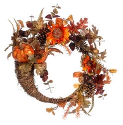Pumpkin And Sunflower Artificial Floral Cornucopia Thanksgiving Wreath, Orange 22-Inch