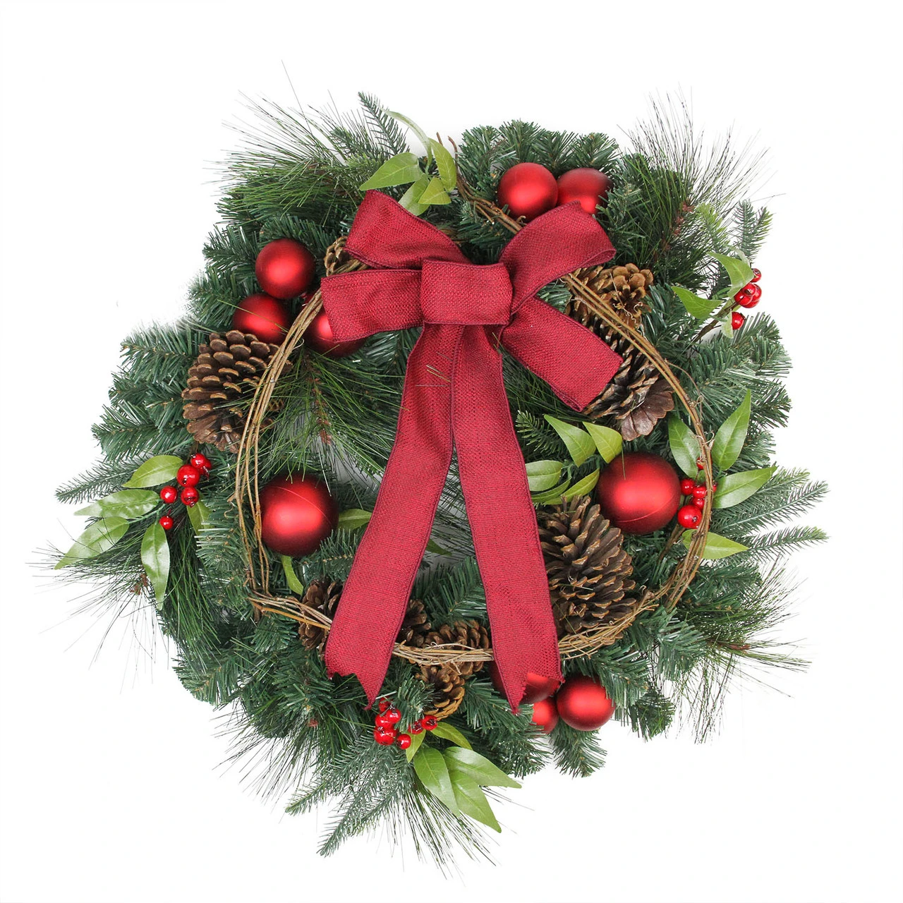 Red Berries And Ball Ornaments Artificial Christmas Wreath With Ribbon - 24-Inch, Unlit 3 Red Berries And Ball Ornaments Artificial Christmas Wreath With Ribbon - 24-Inch, Unlit