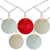 10 Red, Green And Cream Yarn Ball Patio Globe Lights - 8.6 Ft White Wire