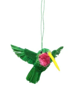 6” Green And Orange Whimsical Bristle Brush Handcrafted Hummingbird Hanging Ornament