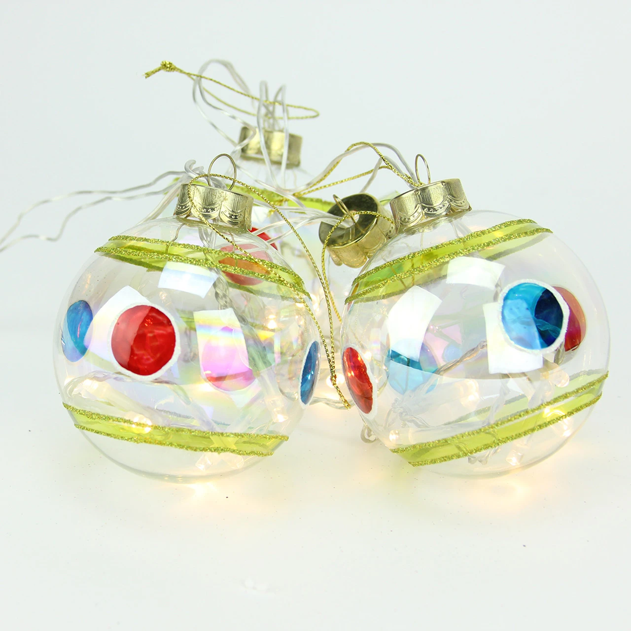Set Of 4 Clear Battery Operated LED Lighted Stripe And Dot Lass Christmas Ball Ornaments 3.25" (80mm) 3 Set Of 4 Clear Battery Operated LED Lighted Stripe And Dot Lass Christmas Ball Ornaments 3.25" (80mm)