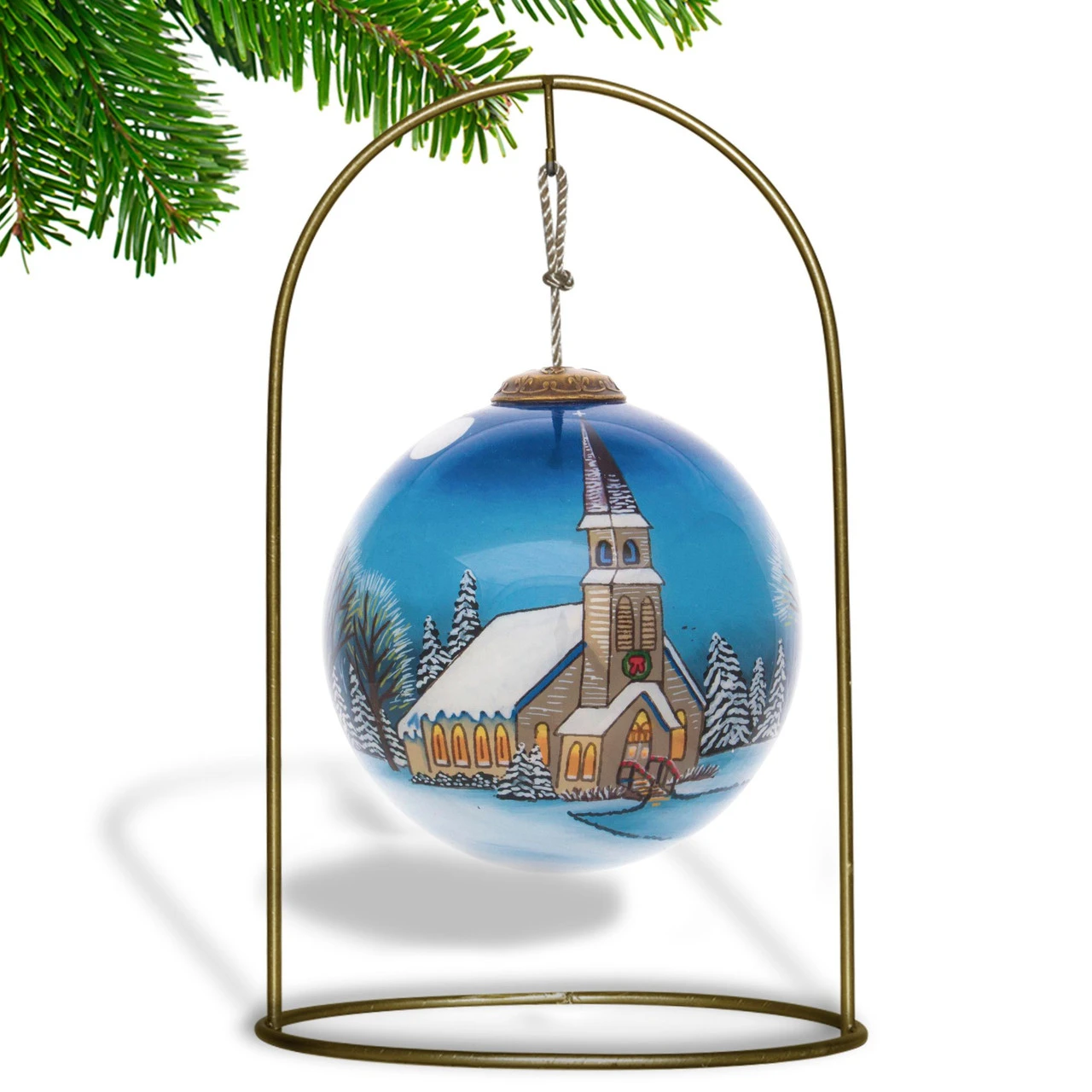 3” Blue And White Heart Of The Season Church Hand Painted Glass Hanging Christmas Ornament 4 3” Blue And White Heart Of The Season Church Hand Painted Glass Hanging Christmas Ornament - Image 2