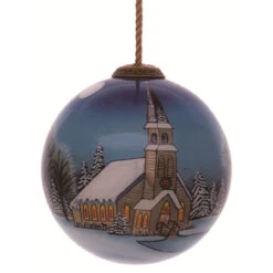 3” Blue And White Heart Of The Season Church Hand Painted Glass Hanging Christmas Ornament