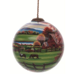 4” Idyllic Fall Scenery Hand Painted Mouth Blown Glass Hanging Christmas Round Ornament