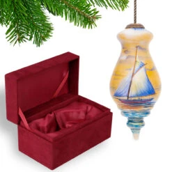 5” Blue And Yellow Sailing Boat Hand Painted Spire Shaped Mouth Blown Glass Hanging Christmas Ornament -Optimal Christmas Shop dacf 1812005 4 53491.1667621011