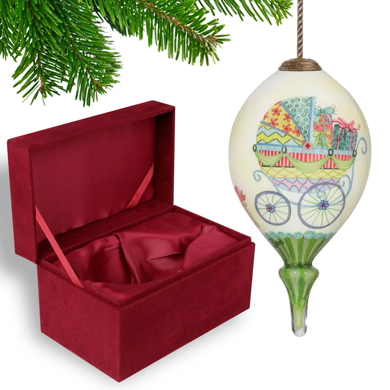 4.75” Ivory And Green Baby Carriage Hand Painted Mouth Blown Glass Hanging Christmas Ornament 7 4.75” Ivory And Green Baby Carriage Hand Painted Mouth Blown Glass Hanging Christmas Ornament - Image 5