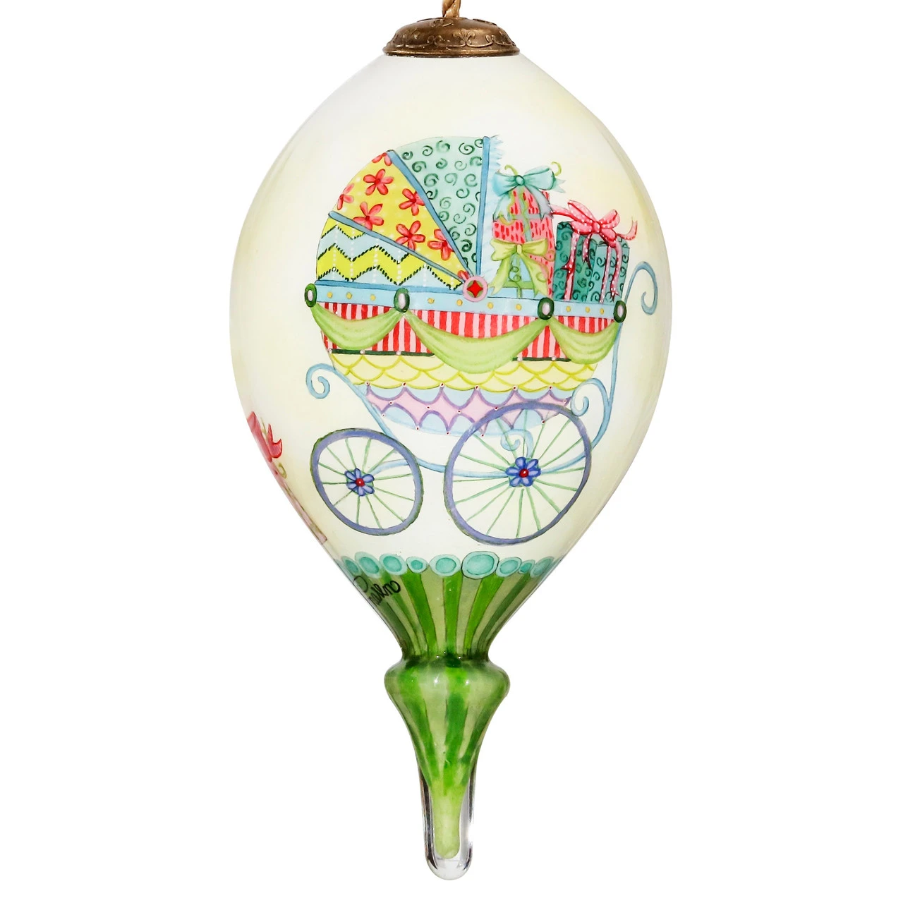 4.75” Ivory And Green Baby Carriage Hand Painted Mouth Blown Glass Hanging Christmas Ornament 3 4.75” Ivory And Green Baby Carriage Hand Painted Mouth Blown Glass Hanging Christmas Ornament