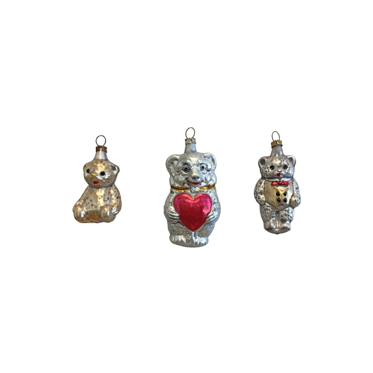 Set Of 3 Silver, Red, And Gold Handcrafted Assorted Glass Bears Nostalgie Ornaments, 2.75" 3 Set Of 3 Silver, Red, And Gold Handcrafted Assorted Glass Bears Nostalgie Ornaments, 2.75"