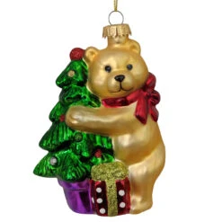 4" Gold And Green Bear With Gift Box Figurine Christmas Ornament