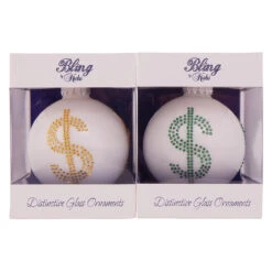 2ct Porcelain White Assorted Rhinestone Dollar Sign Christmas Ball Ornaments 3.25" (80mm)